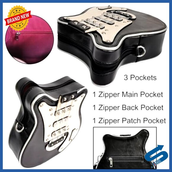 Guitar Shaped Crossbody Bag PU Leather Adjustable Strap 3 Pockets - Picture 4 of 7